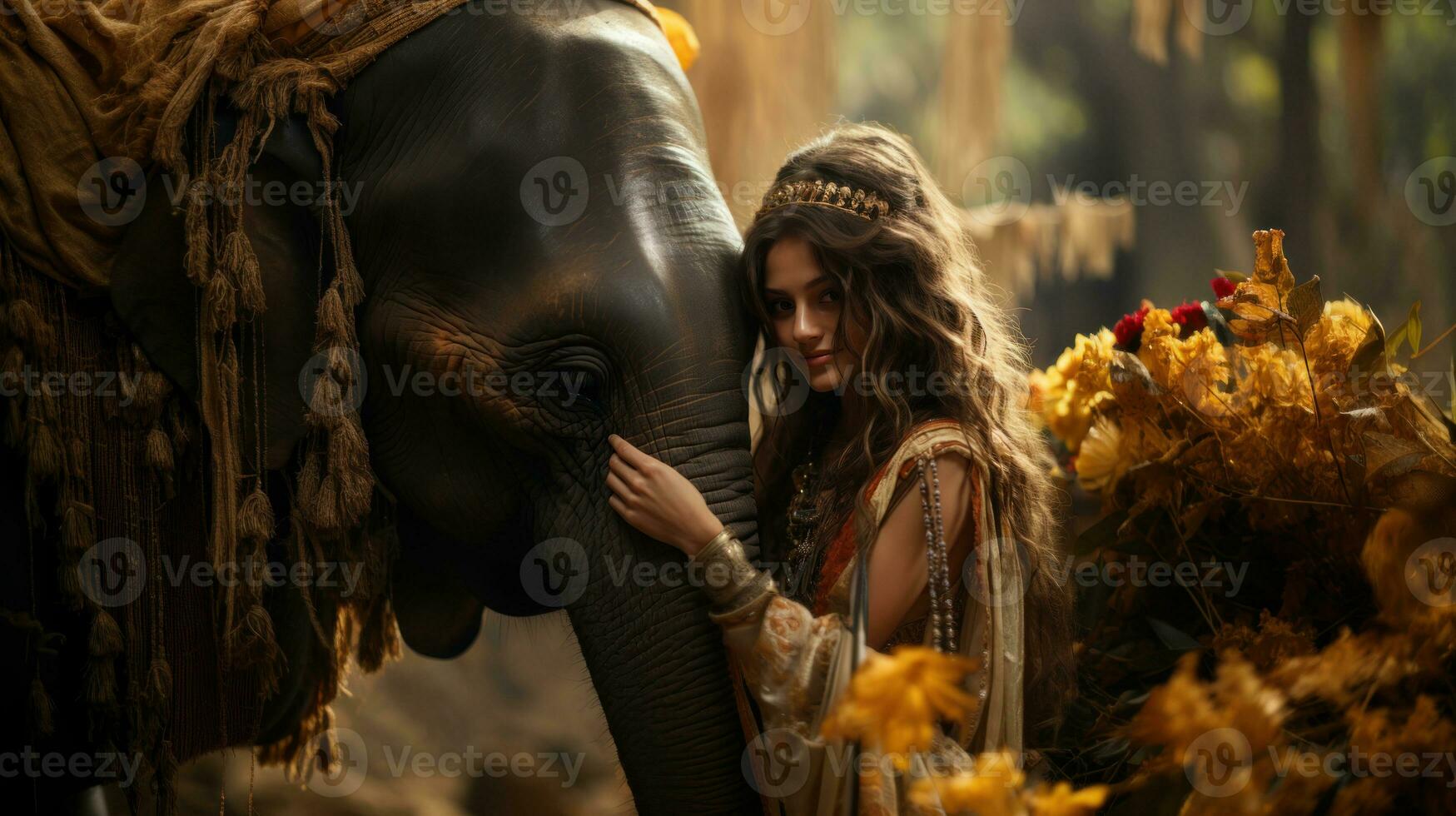 hermosa indio mujer y elefante en el bosque. boho estilo. foto