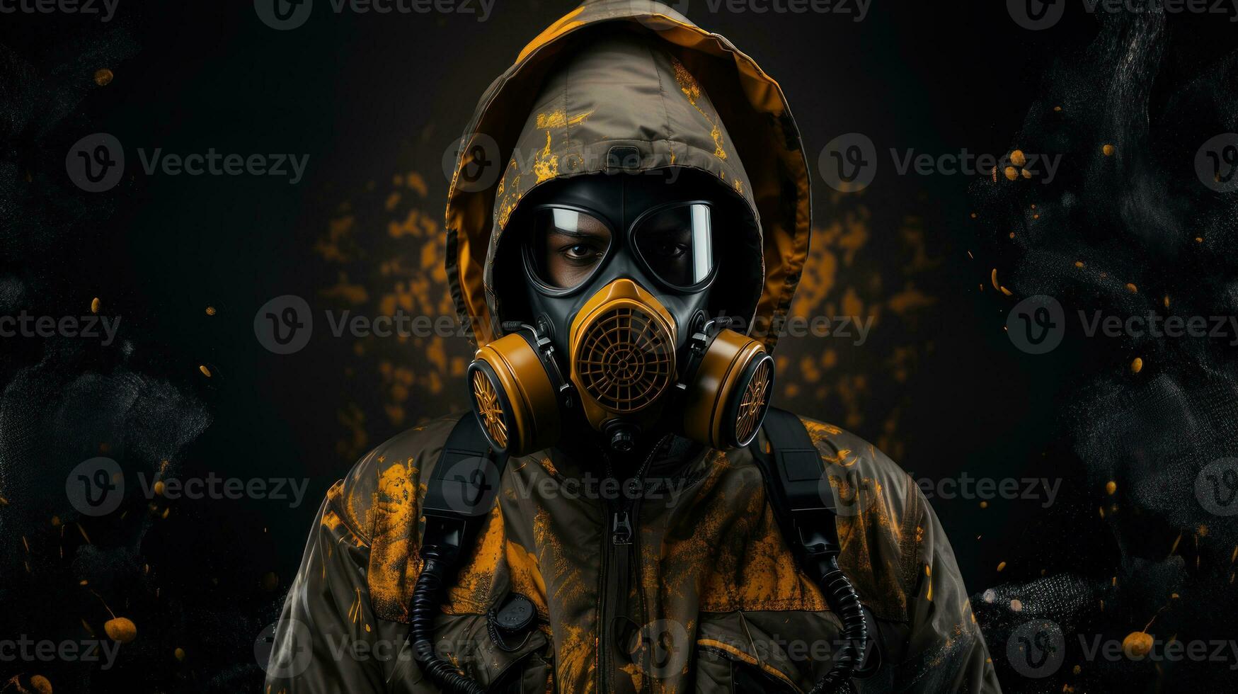 Man in gas mask on dark background. Disaster background. Pollution concept. photo