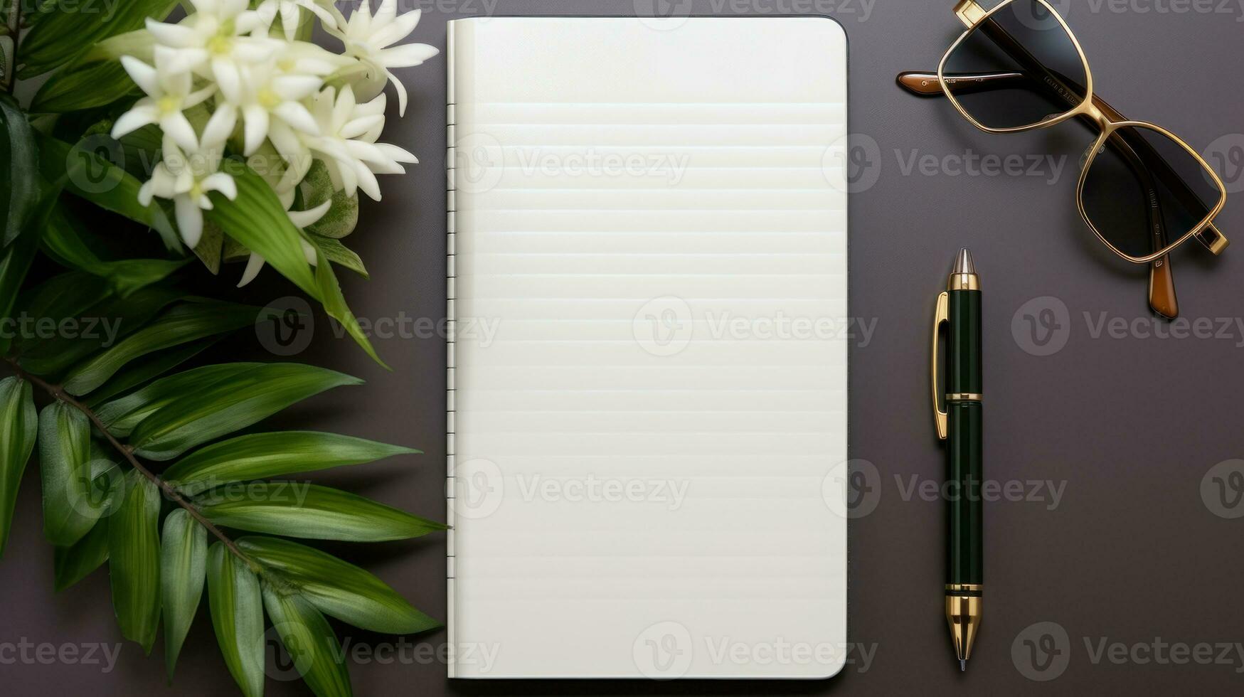 Top view of blank notebook with pen and glasses on gray background. photo