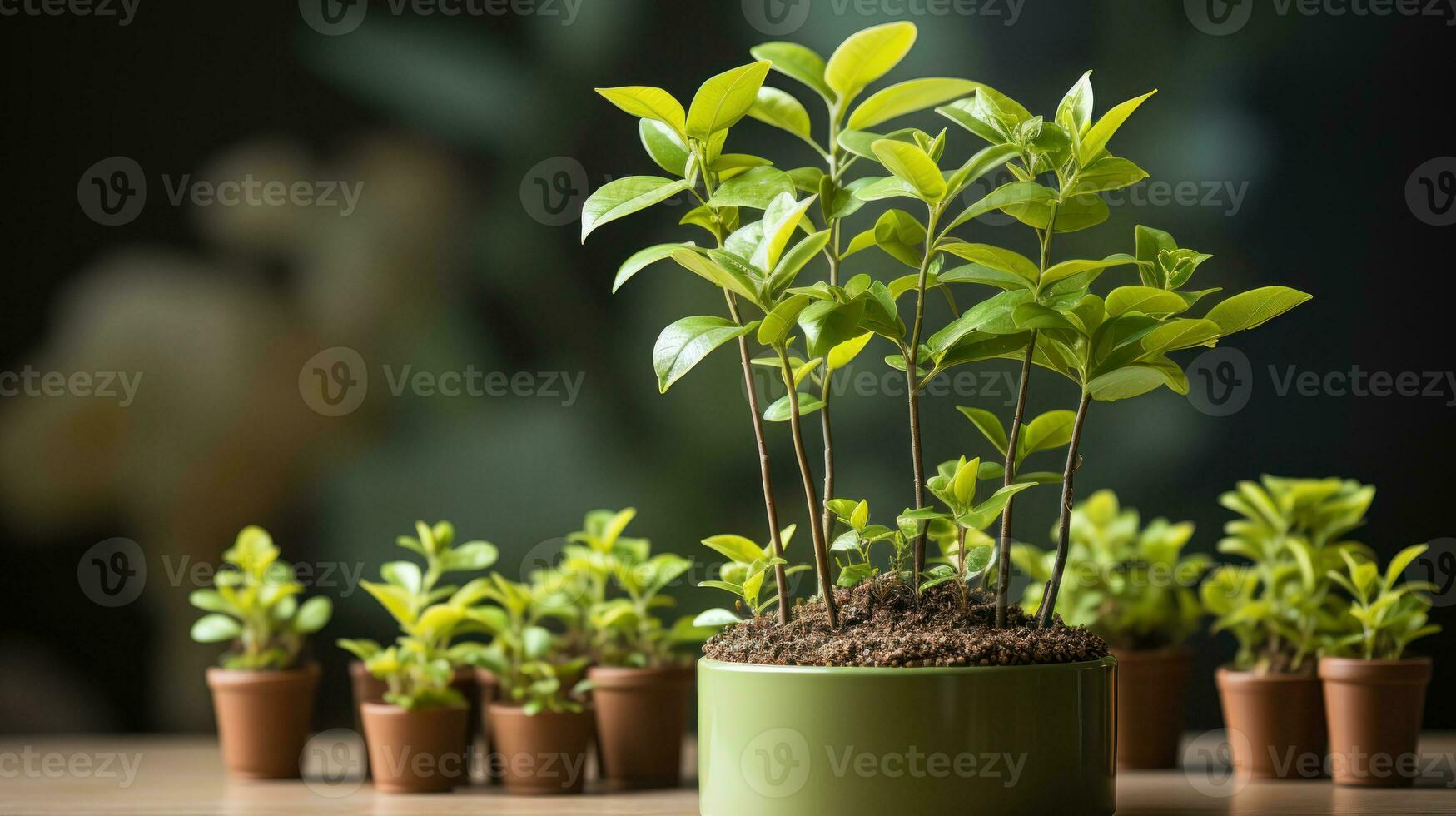 joven verde plantas en maceta en mesa en contra borroso antecedentes. jardinería concepto foto