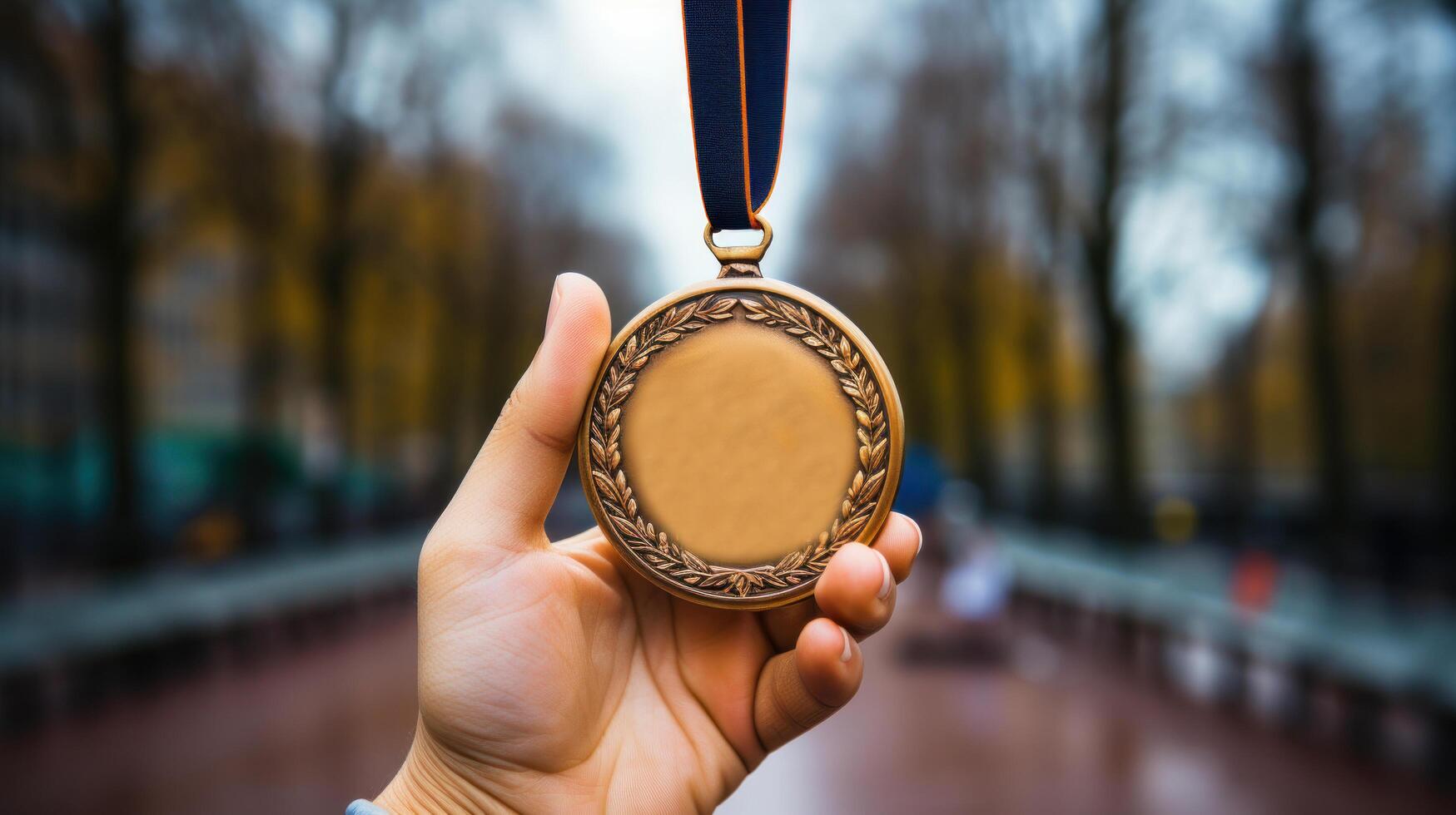 oro medalla en el manos de un hombre en el antecedentes de el ciudad. foto