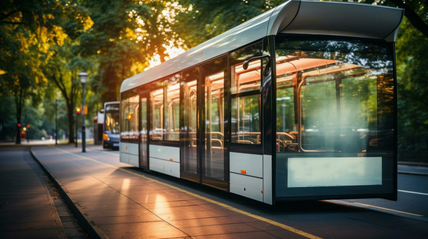 Futuristic public transport bus in the city at sunset concept. photo