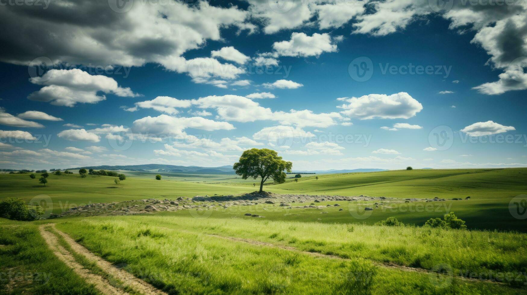 Beautiful summer landscape with a lonely tree in the middle of the field. photo