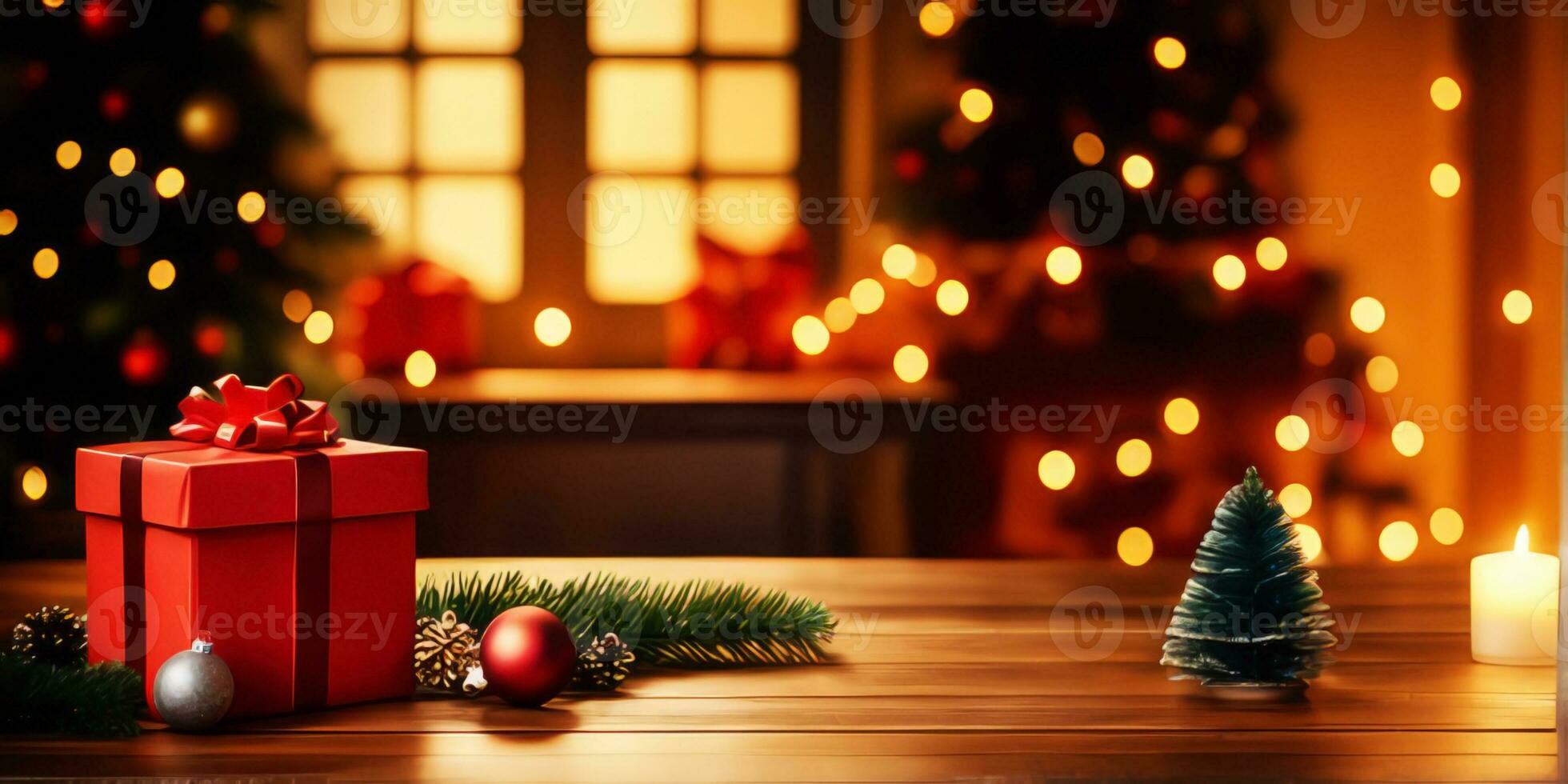 Wooden table and gift decorations with blurred christmas tree background.Generative AI. photo