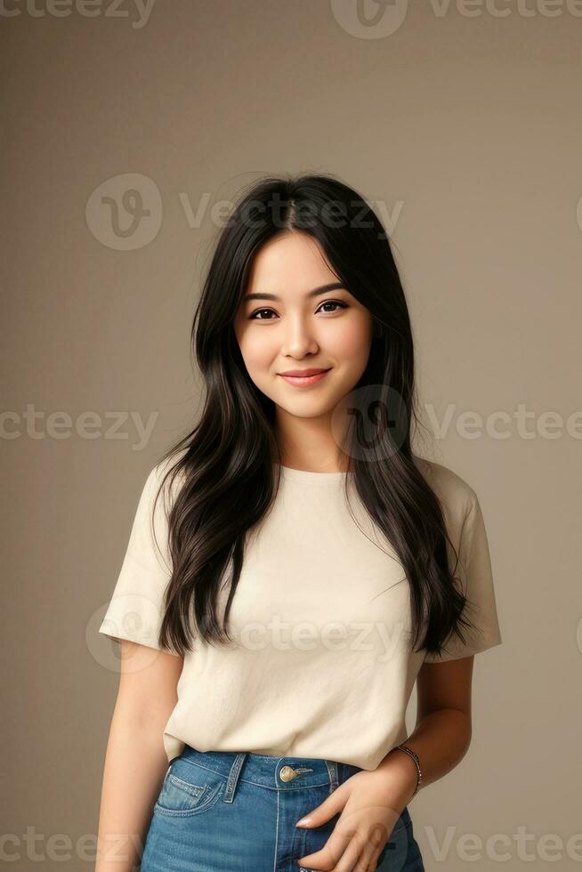Close-up young beautiful woman smiling and wearing white t-shirt on gray background.Generative AI. photo