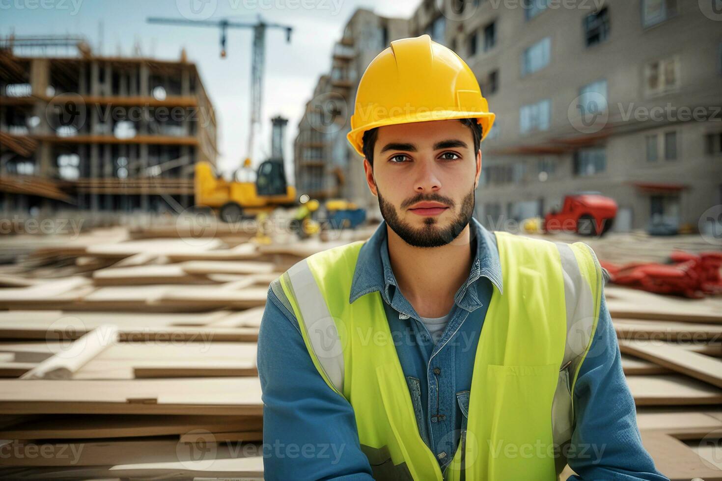 Close-up of young male construction engineer on the construction site.generative ai. photo