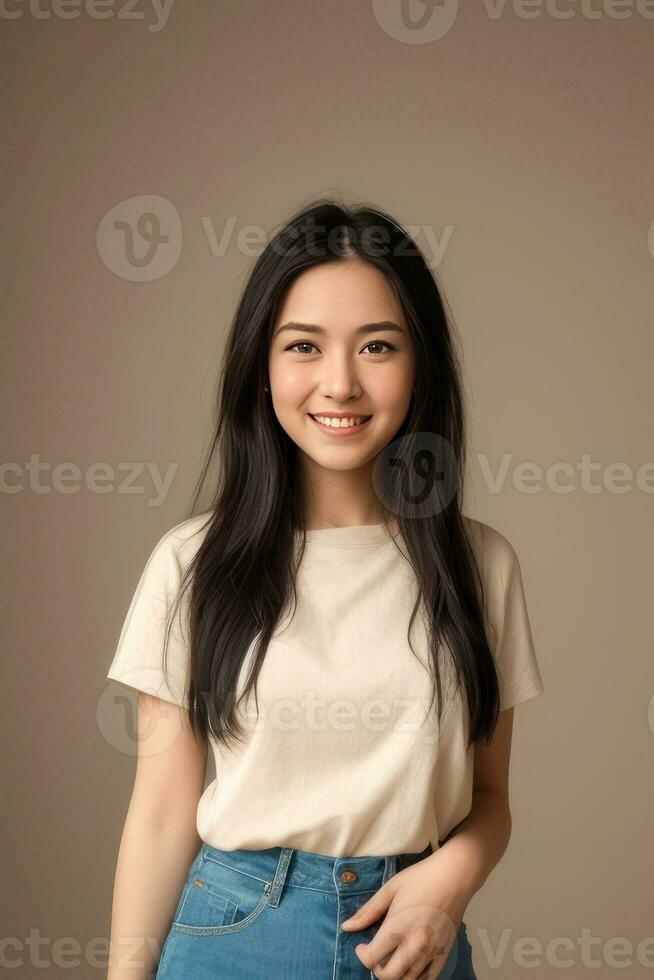 Close-up young beautiful woman smiling and wearing white t-shirt on gray background.Generative AI. photo