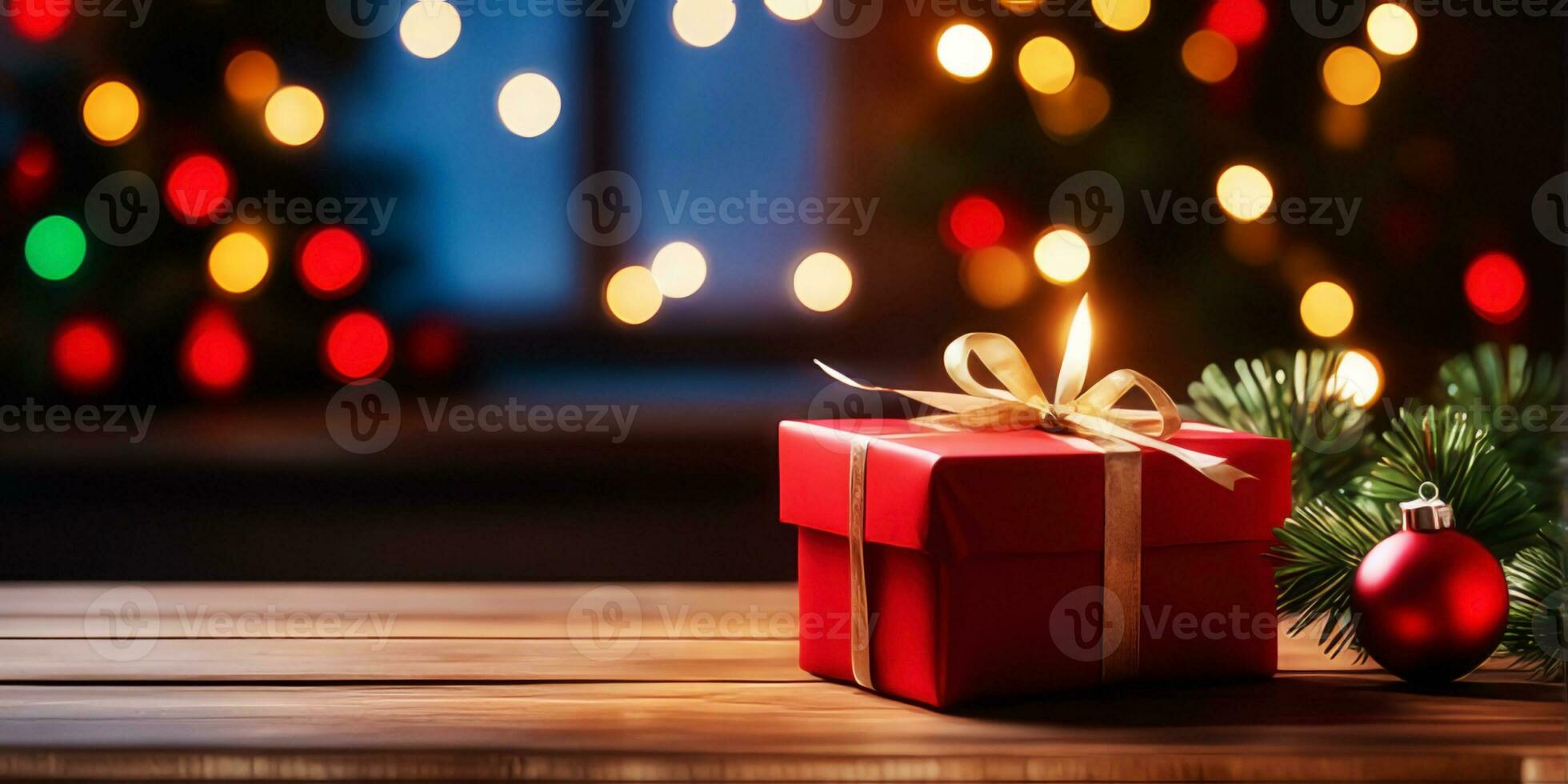 Wooden table and gift decorations with blurred christmas tree background.Generative AI. photo