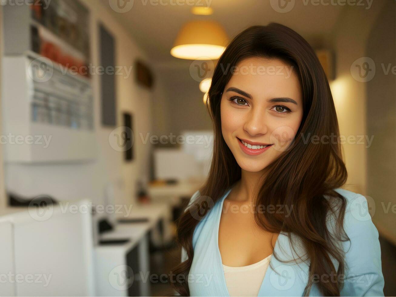 Beautiful smiling woman looking at camera with standing in creative office background.generative ai. photo