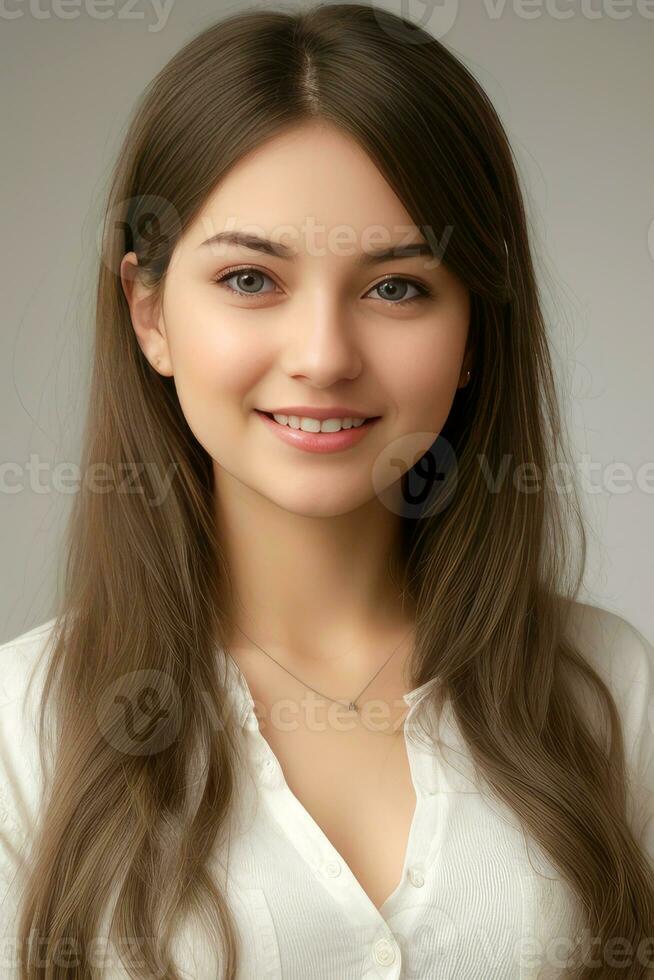 de cerca joven hermosa mujer sonriente y vistiendo blanco camiseta en gris fondo.generativo ai. foto