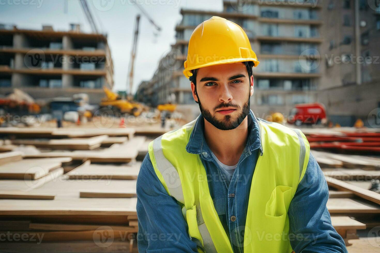 Close-up of young male construction engineer on the construction site.generative ai. photo