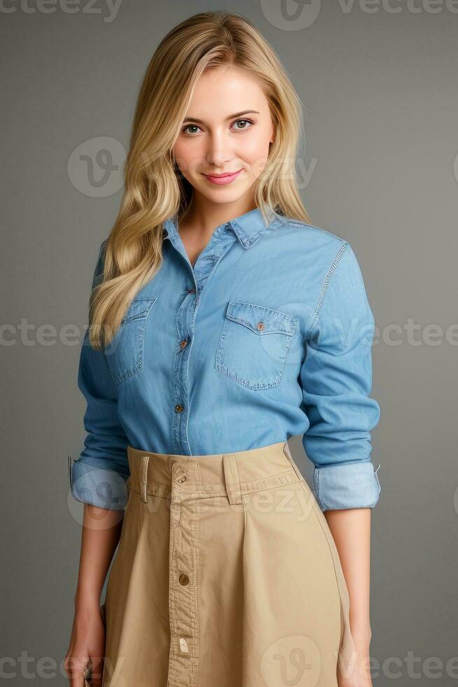 Close-up young beautiful woman  smiling and wearing blue jean shirt on gray background.Generative AI. photo