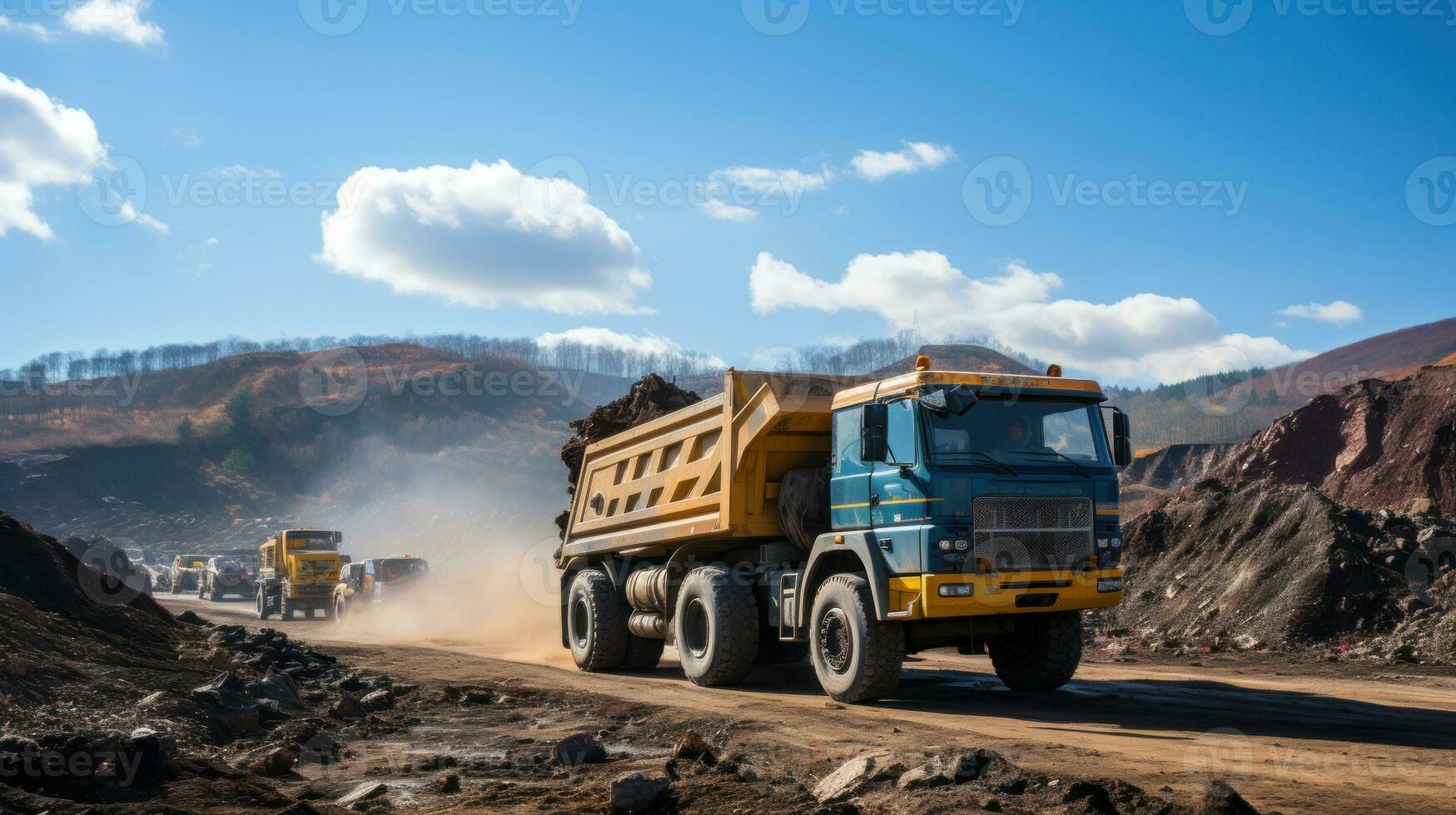 Dump truck in the open pit mining of iron ore and coal. photo