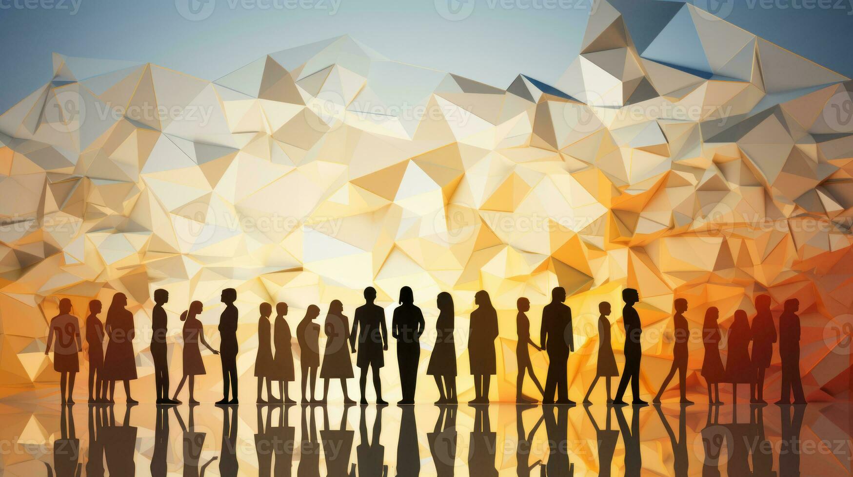 Group of People Standing in Front of Colorful Polygonal Background. photo