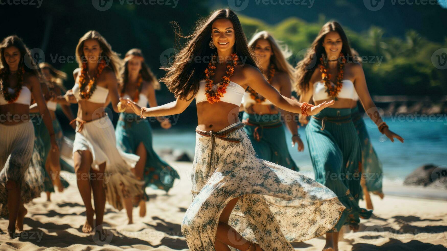 Group of young beautiful women in hawaiian clothes dancing on the beach. photo
