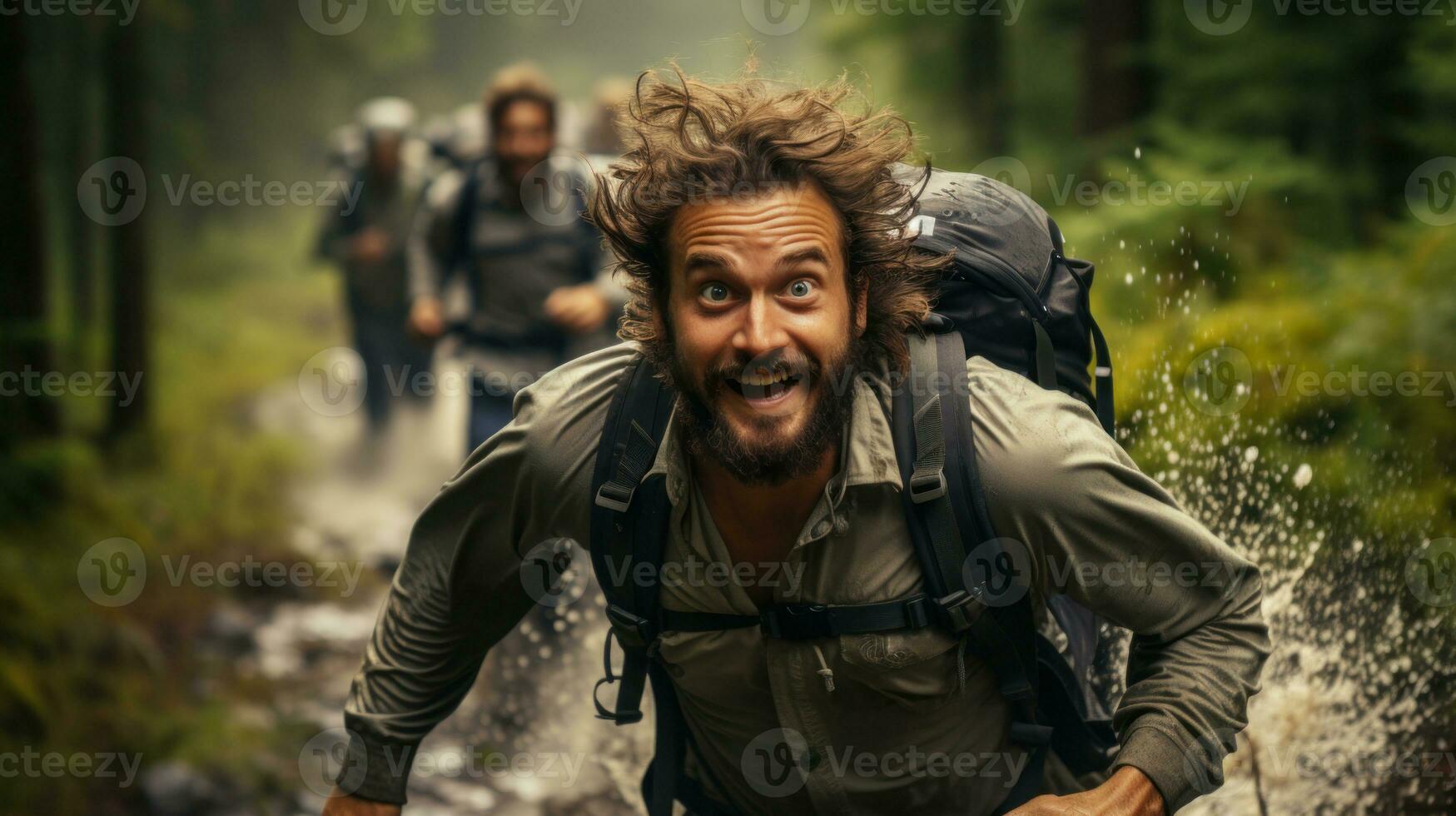 Running man with a backpack on the background of the forest. photo