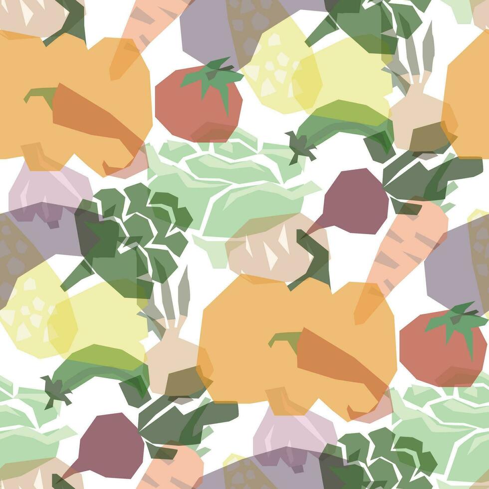 The vegetable seamless pattern is transparent. Background of geometric translucent vegetables. Transparent farm products on a white background. Simple label and packaging design Variety with different vector