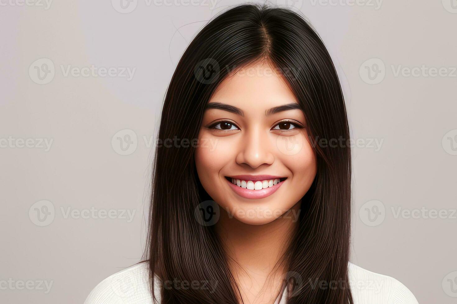 Closeup photo portrait of a beautiful young asian woman smiling with clean teeth on gray background.generative ai.