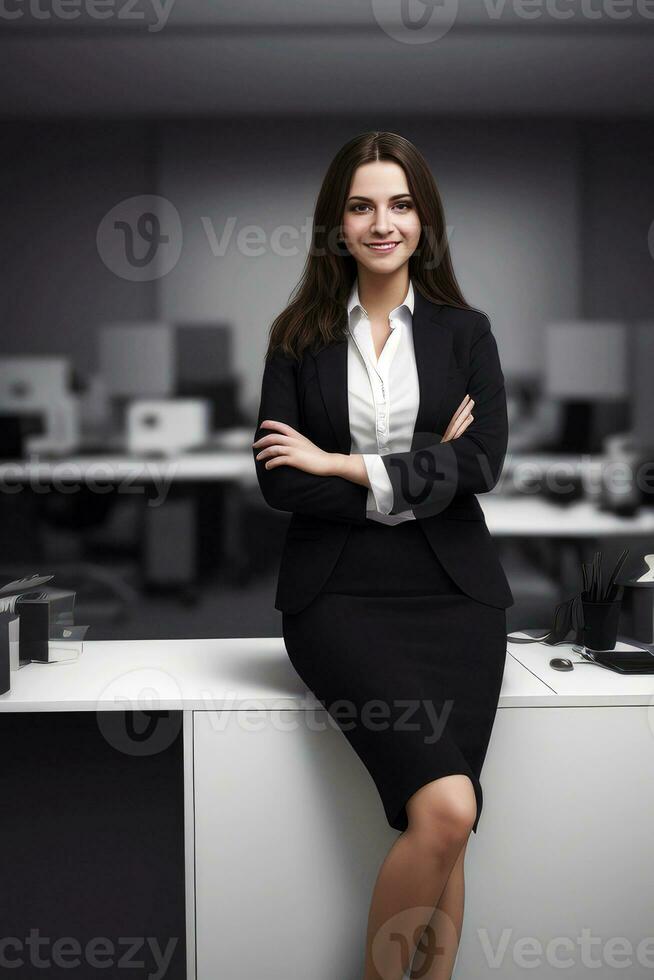 Young business woman brunette in a business suit stand in an office.generative ai. photo