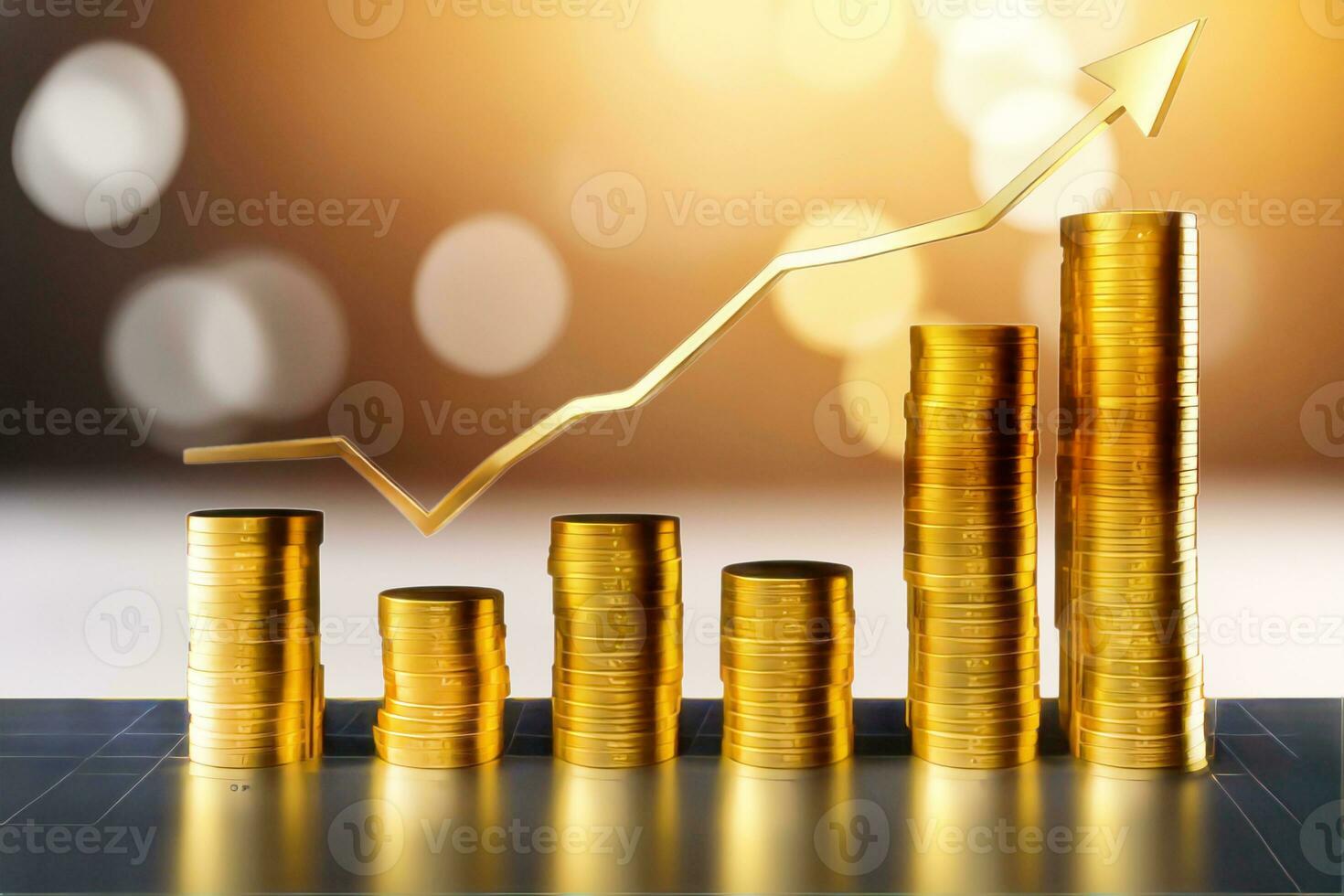 Financial gold money investment finance business  with orange light bokeh.Generative AI. photo