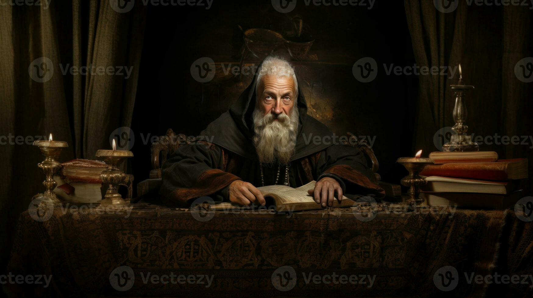 Portrait of an old wise man reading a book. Dark background. photo