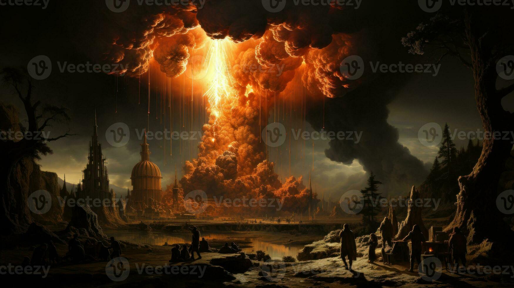 Image of nuclear explosion with people and ruins at background at past times. photo