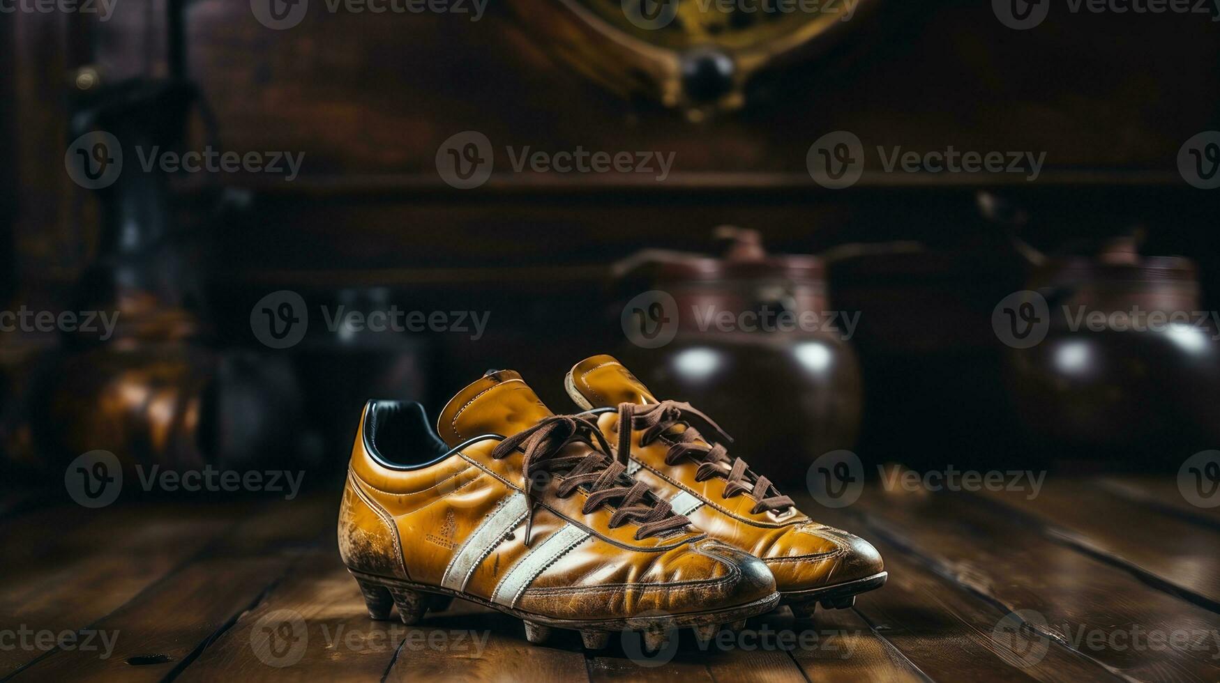 Old sport football shoes on a wooden background. Vintage style soccer boots. photo