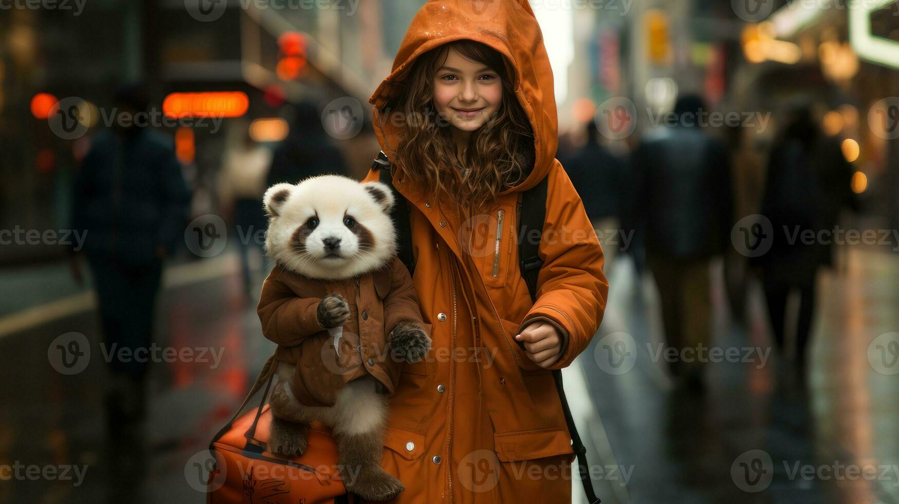 Girl in raincoat with panda in the NYC street. photo