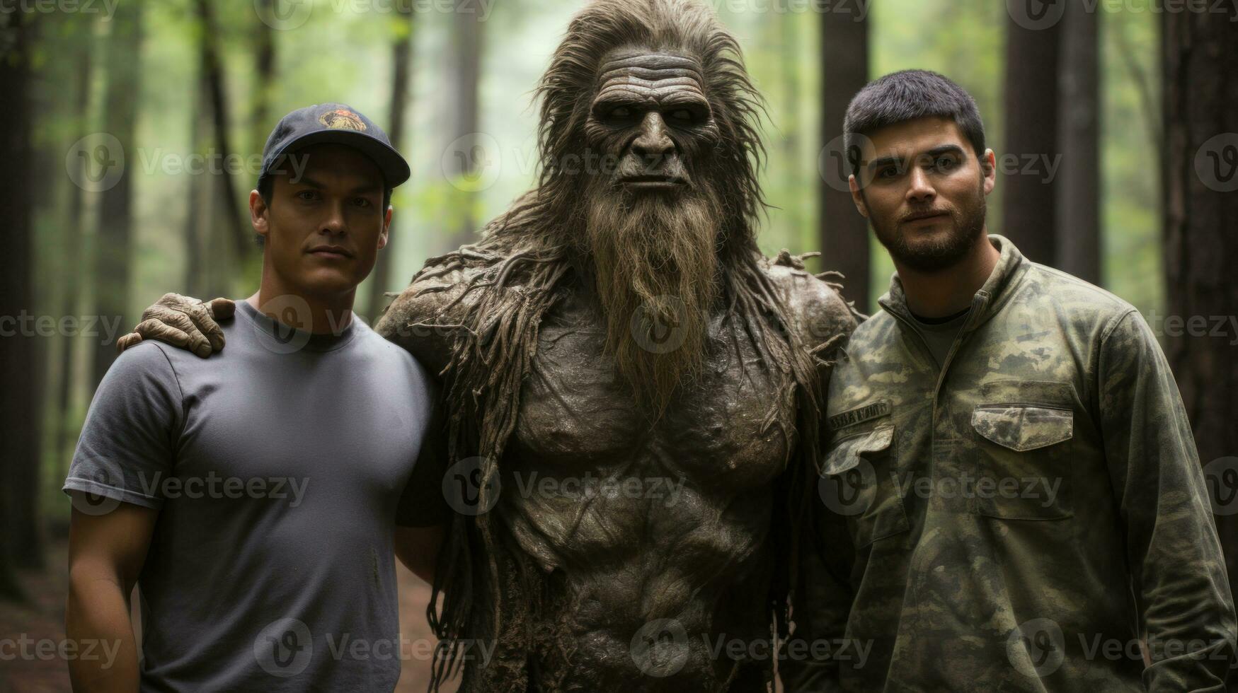 australiano acampar hombre y soldado posando en un bosque con un grande de miedo monstruo. foto