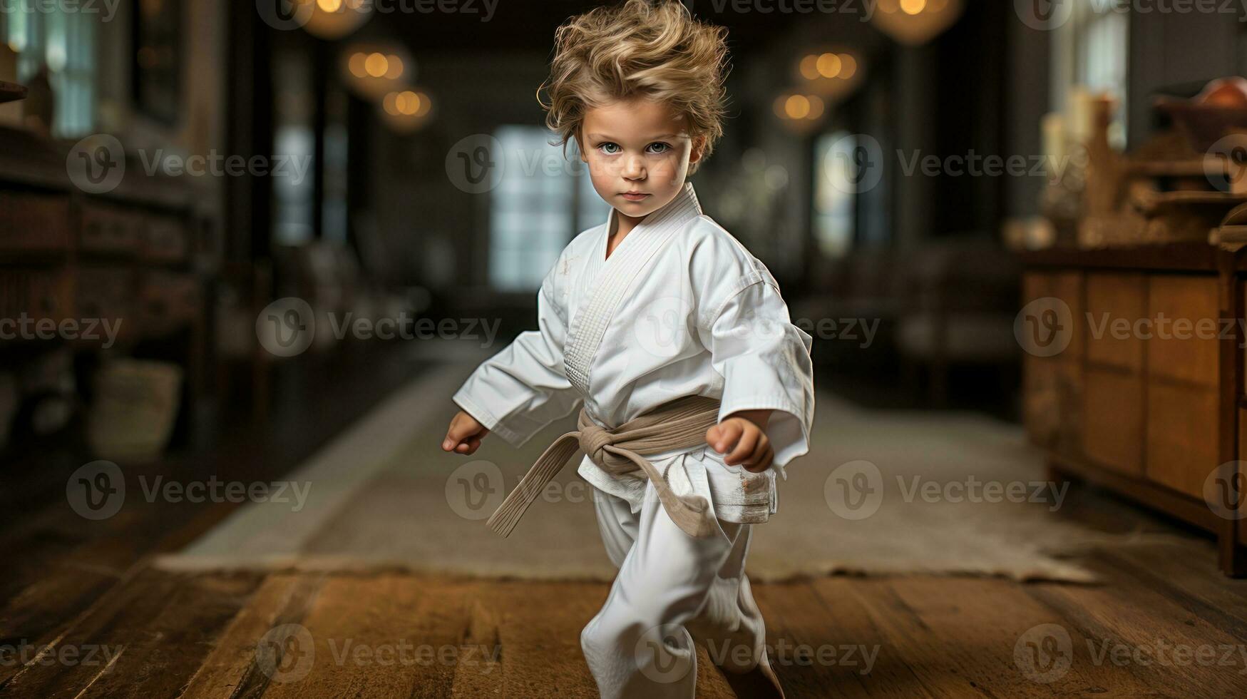 Little boy in kimono is training in a karate class. photo