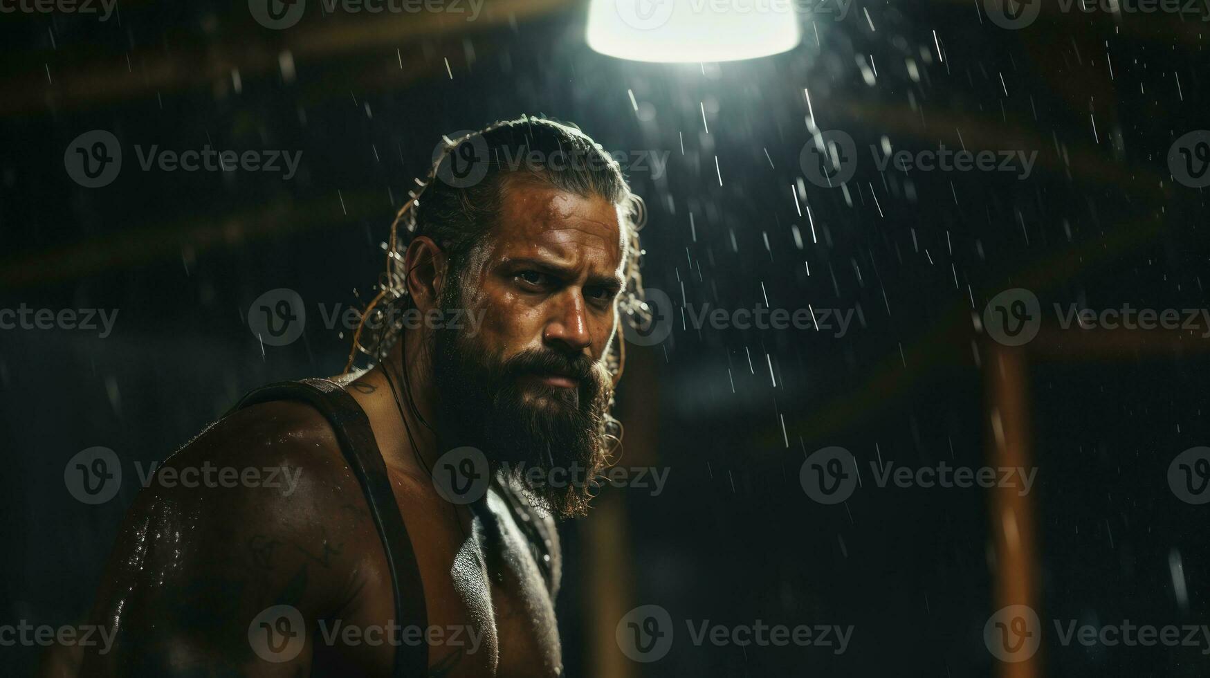 Athletic solid man with long black beard and moustache in the rain. Sexy  male, macho, attractive caucasian bearded hipster. 32328404 Stock Photo at  Vecteezy