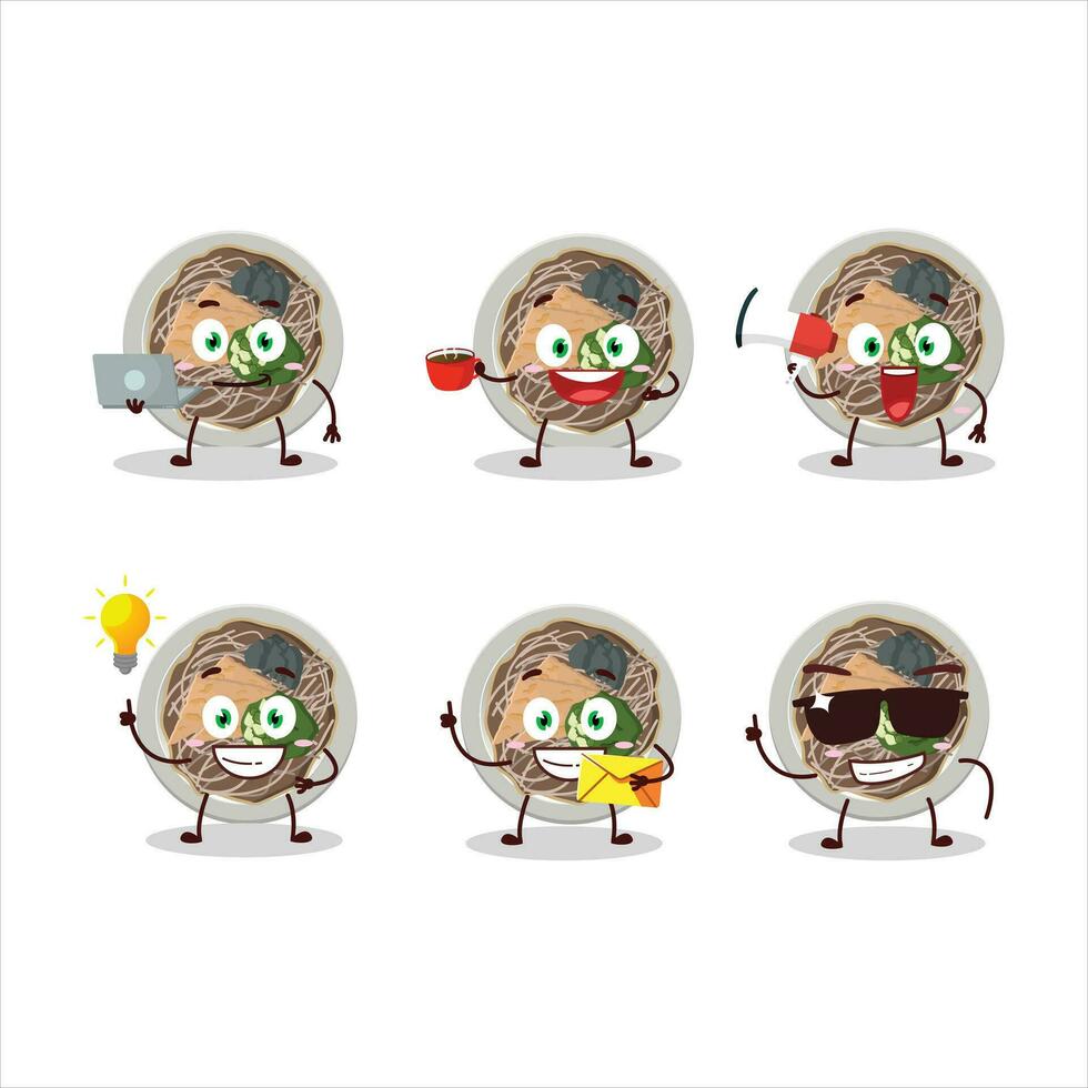 Tachigui soba cartoon character with various types of business emoticons vector