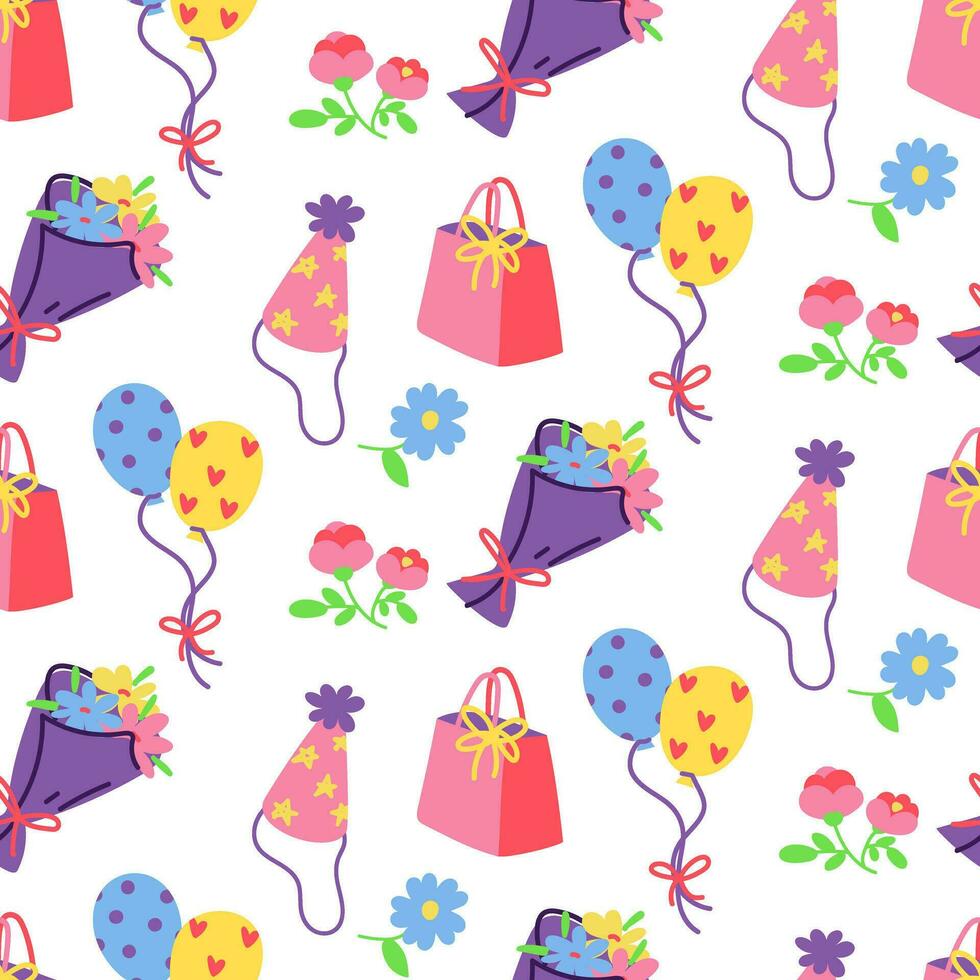 Pattern gift bag, fireworks, bouquet, cone, balloon, flowers, confetti on a white background. Festive texture for printing on textiles and paper. Gift packaging, postcards vector