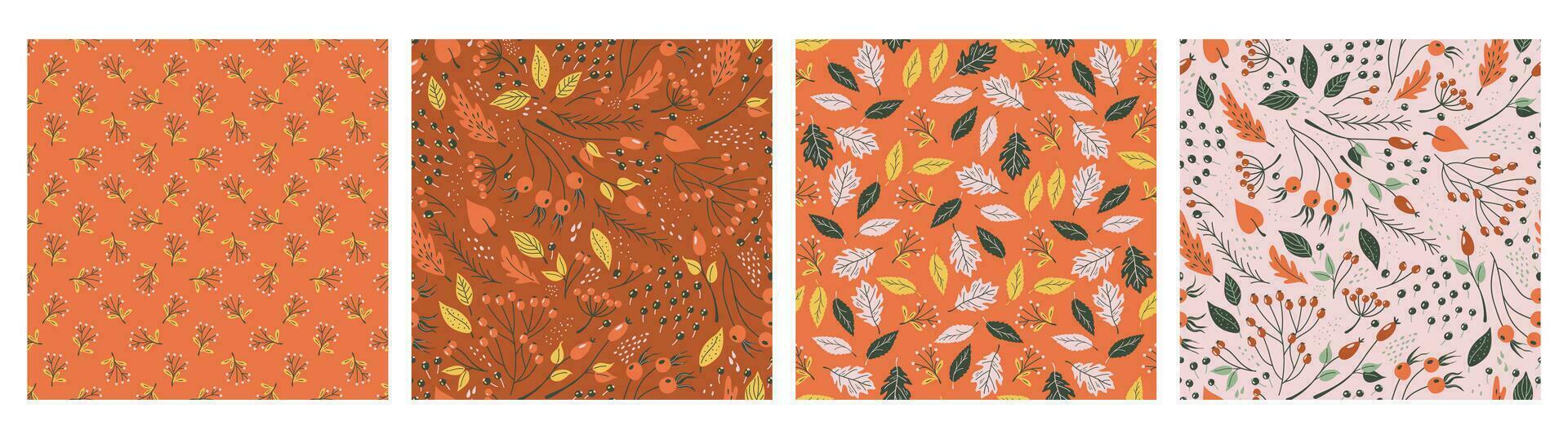 Seamless patterns with hand drawn plants. Set of vibrant backgrounds with fall leaves, berries and tree branches. Vector illustrations of abstract Autumn forest.