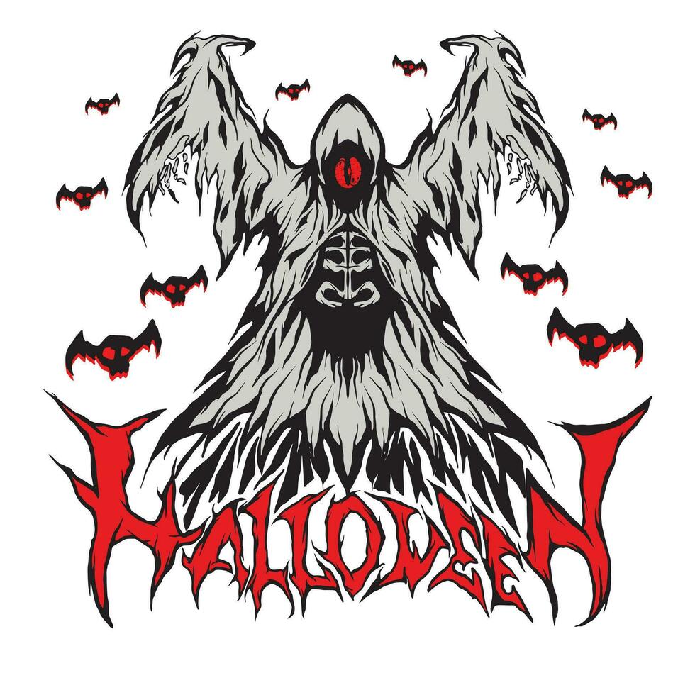 Halloween costume with a single eye surrounded by a bat skull and halloween lettering custome vector