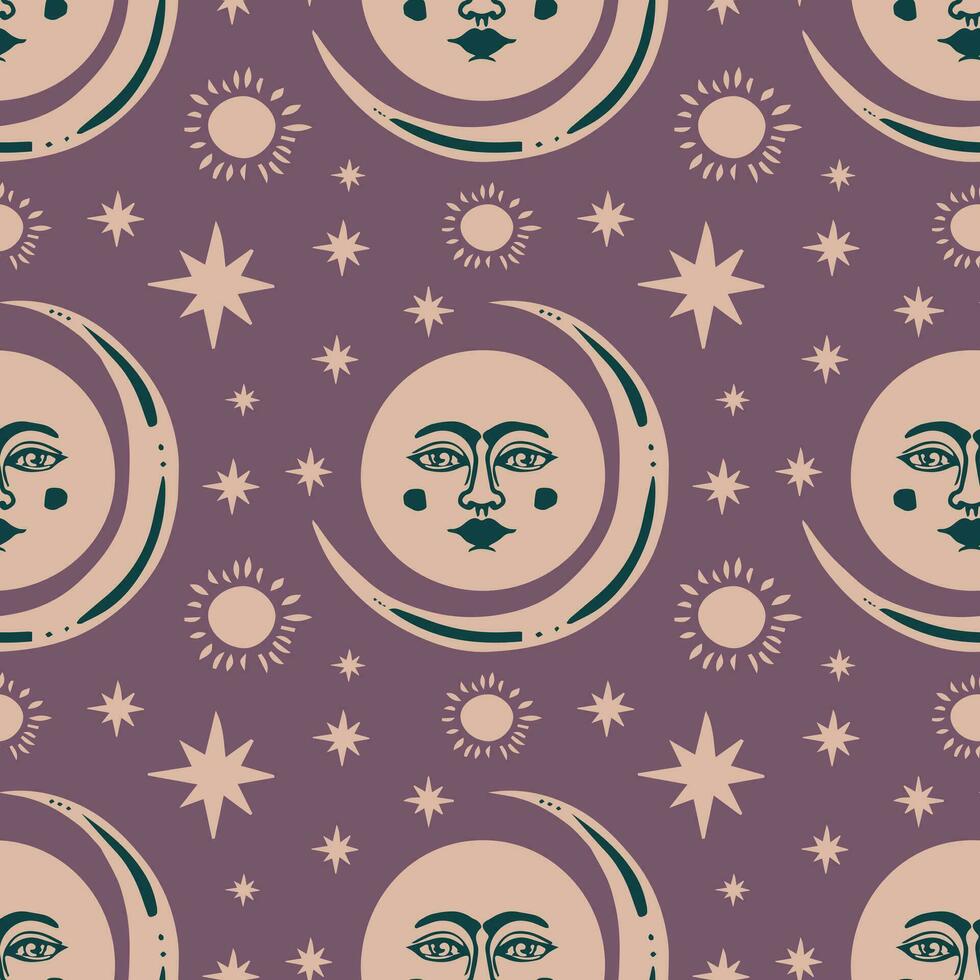 Moon and crescent on a purple background decorated with stars seamless pattern. Vector ornament in reto style.
