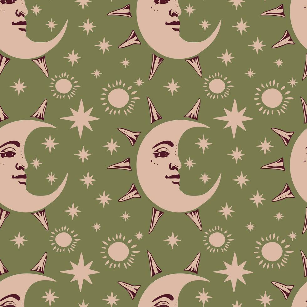 Vector seamless pattern moon with face and stars on a green background.Seamless astrological boho ornament.