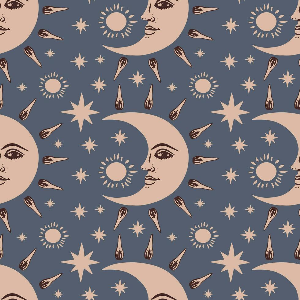 Mystical seamless pattern with crescent moon and stars in retro style. vector