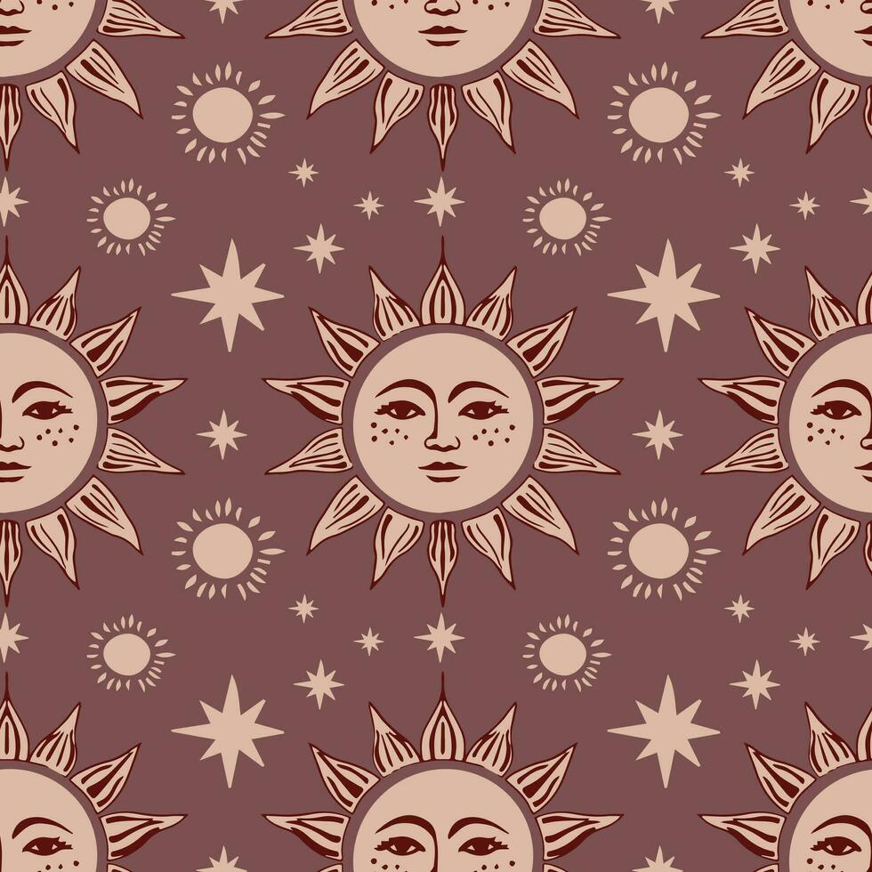 Sun with face and stars seamless pattern.Vector boho ornament. vector