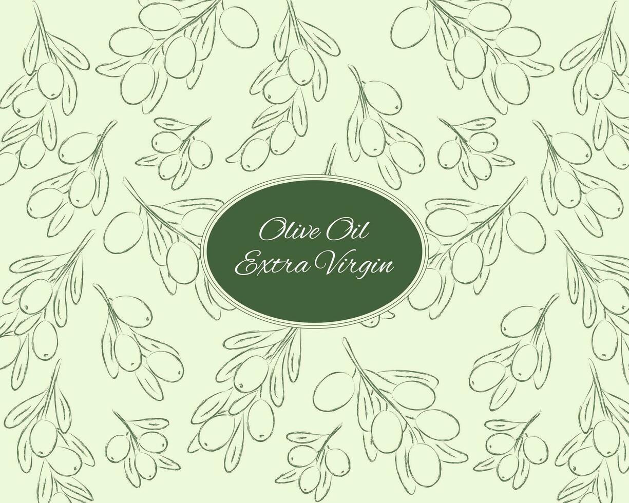 Olive Oil Extra Virgin background, green outline olives on light background vector