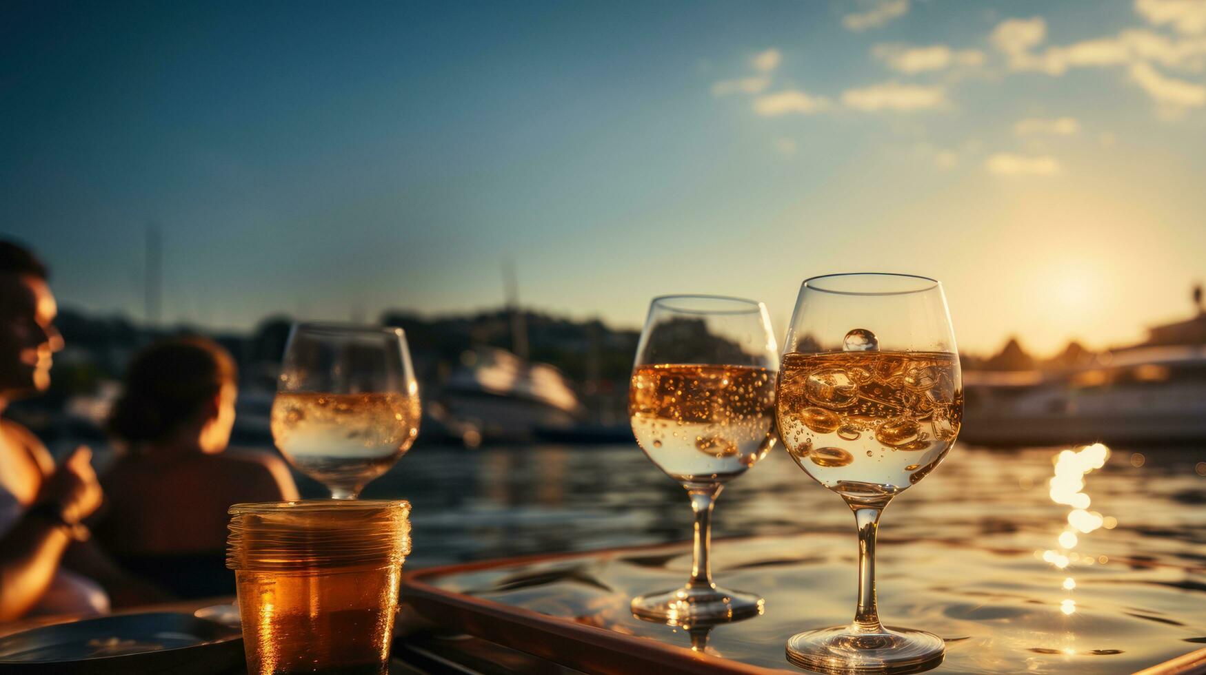 Glasses of white wine on the deck of a yacht at sunset. Luxury cruise ship travel on Caribbean vacation destination. photo