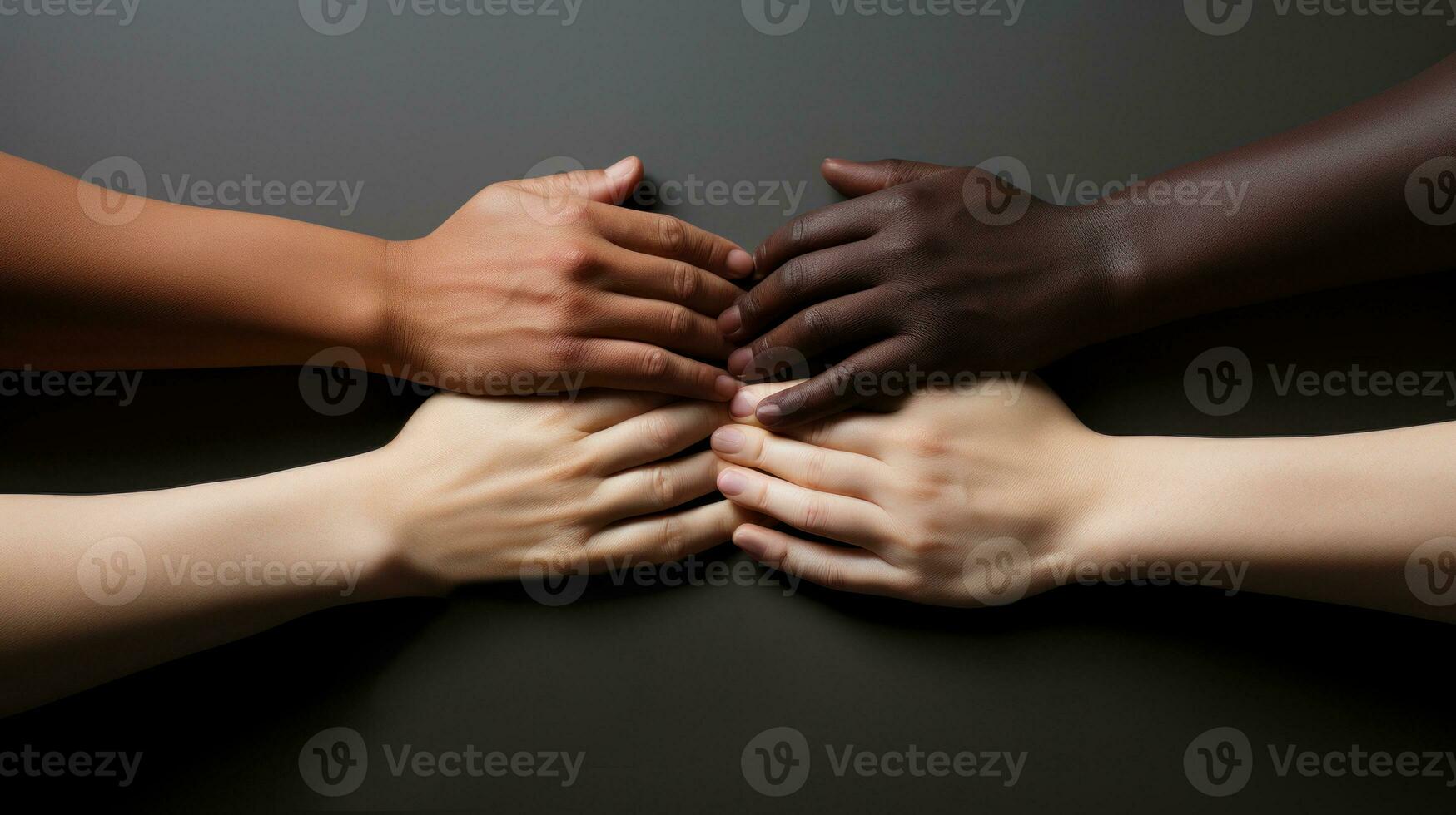 Hands of multiethnic people holding each other on gray background, closeup. Different nationalities fold their handd , symbolizing their unity and support. photo