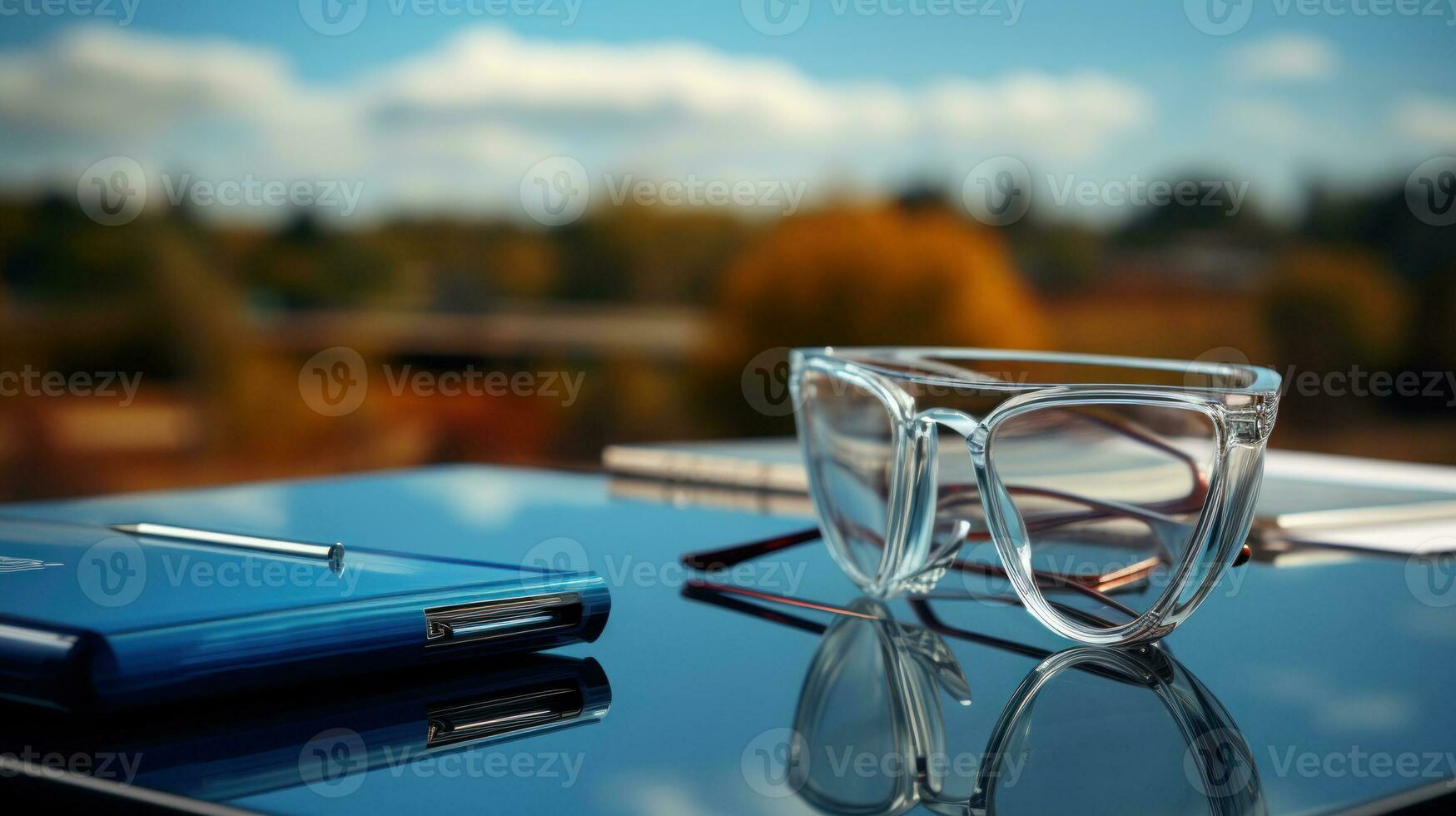Transparent glasses and notebook on the table in front of blurred nature background. Business and domestic life photo