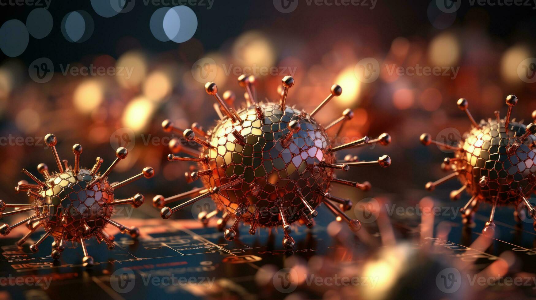 Virus in abstract technology background. Computer digital image. Sars disease, coronaviruses in the lung. photo