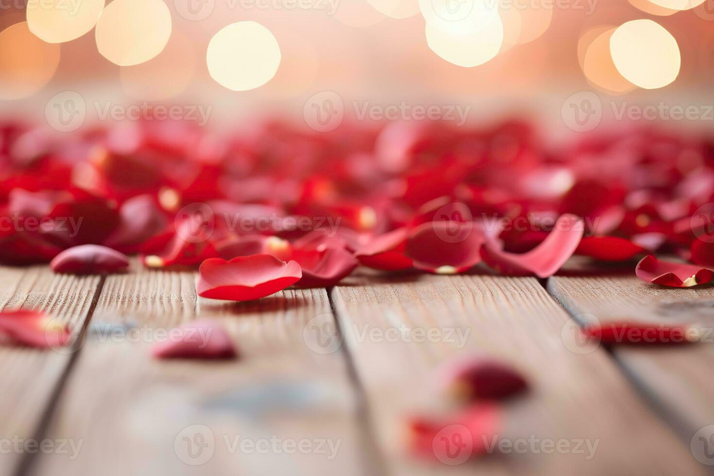 romántico antecedentes para San Valentín día, Boda día. Rosa pétalos en un de madera piso, dorado Bokeh. foto