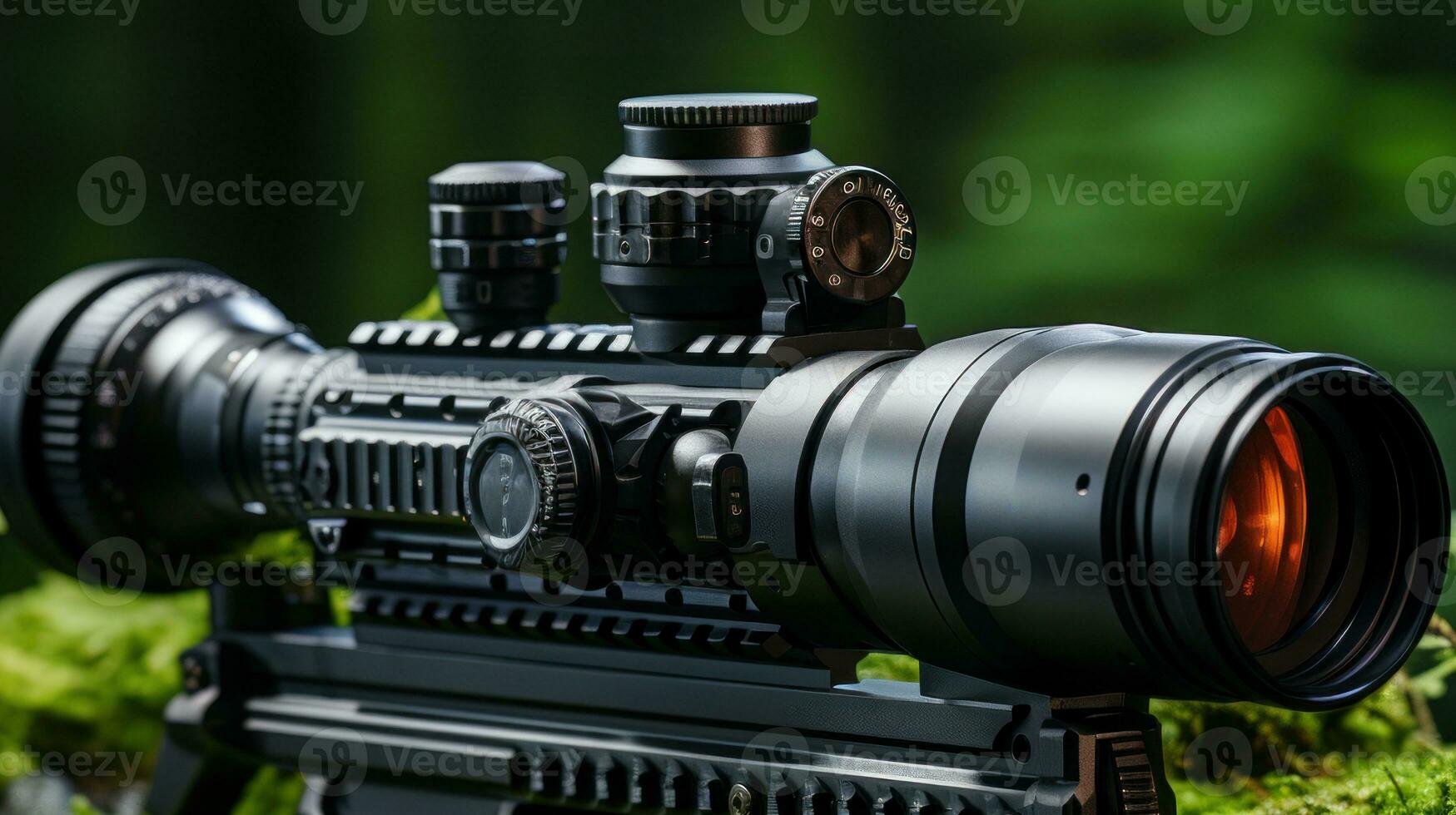 Rifle scope sight aiming weapon on nature green background. photo
