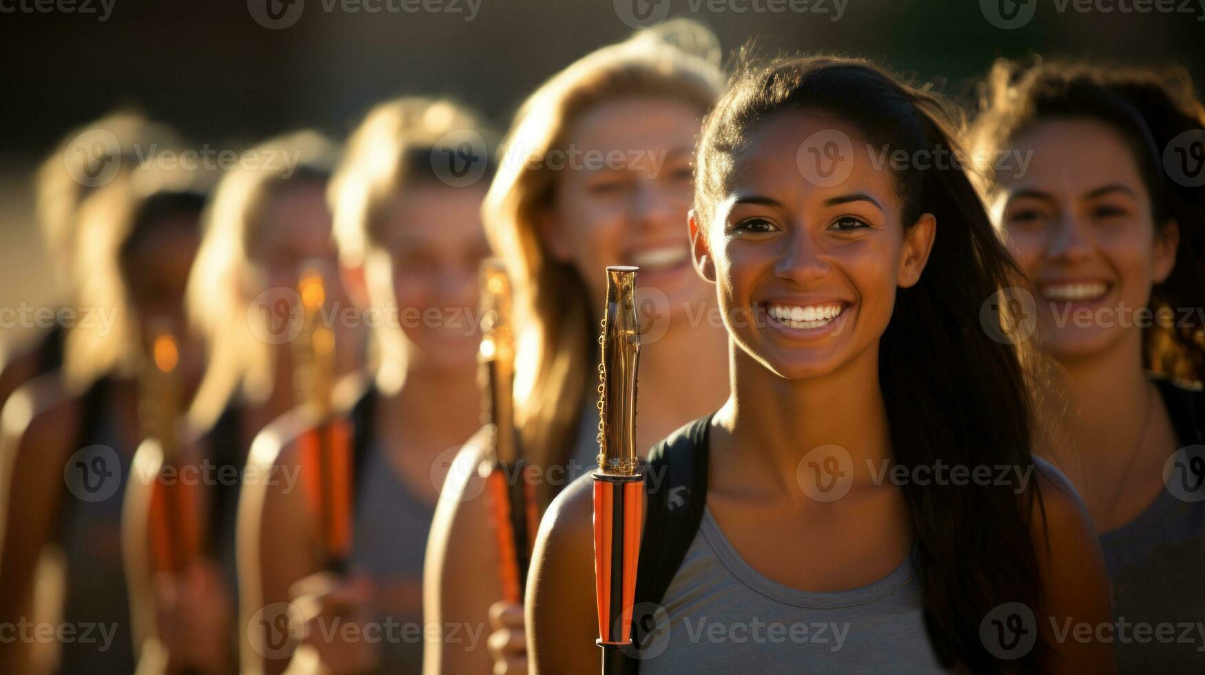 Female athlete group. Relay women runners passing batons on track. photo