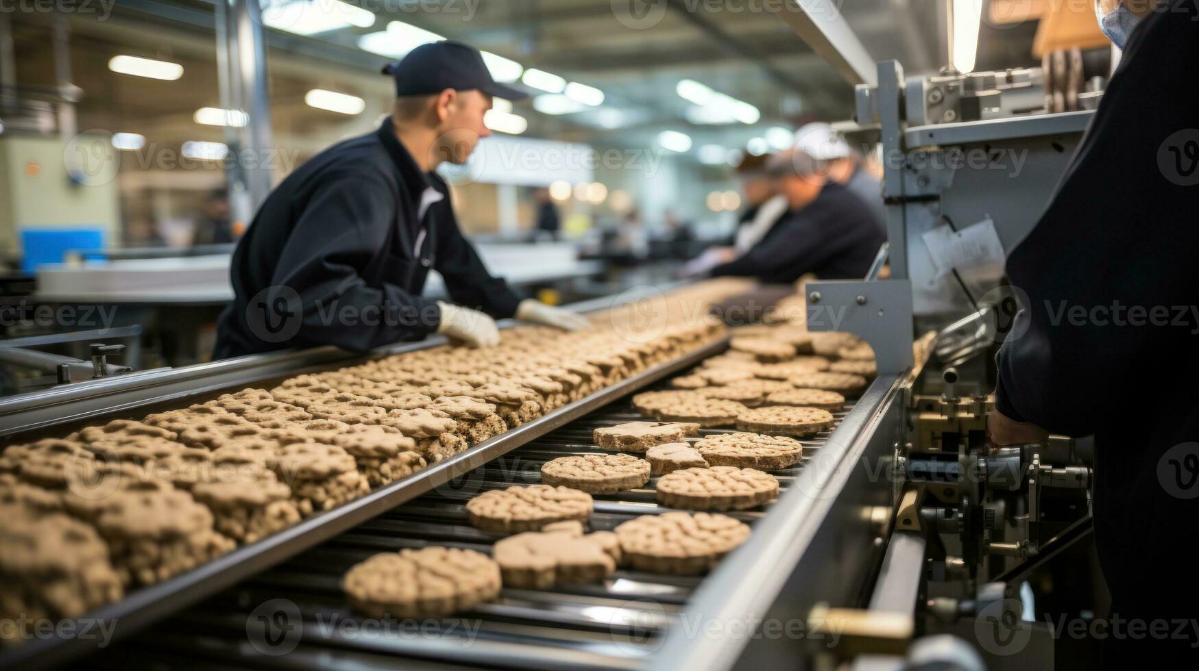 Industrial conveyor belt with freshly baked cookies in the factory.  Food plant worker baking biscuits. photo