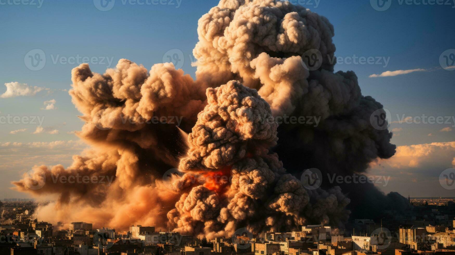 Big explosion of a building of the city of Rafah in the southern Gaza Strip. The concept of disaster. Israel and Palestine war concept. photo