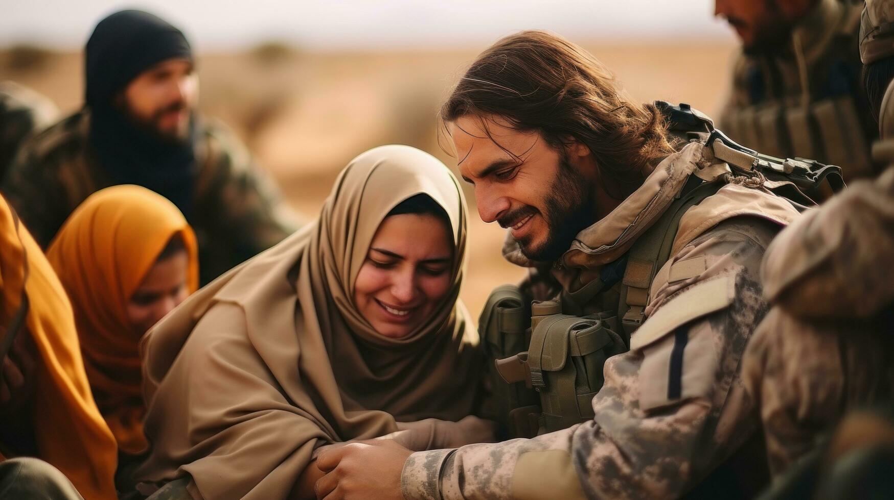 Muslim crying woman with soldier in the desert. Israel and Palestine war concept. photo